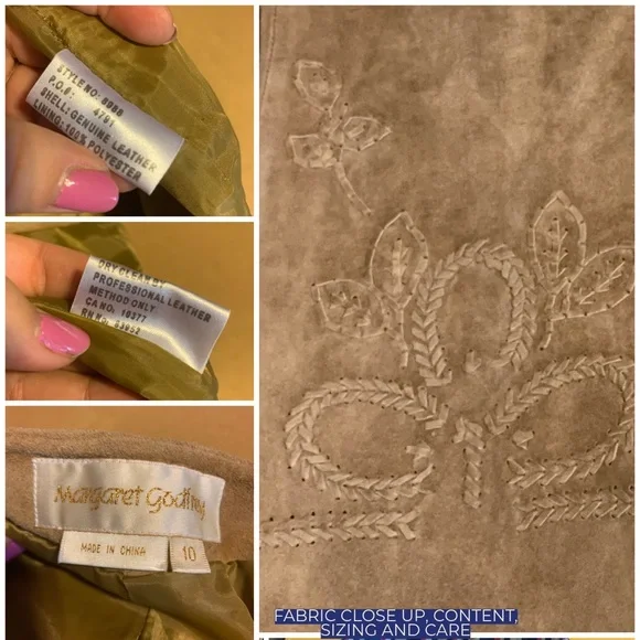 MARGARET GODFREY TAN SUEDE WHIP STITCH W/FLORAL DESIGN FLARE LEG PANTS (10) - Picture 12 of 14